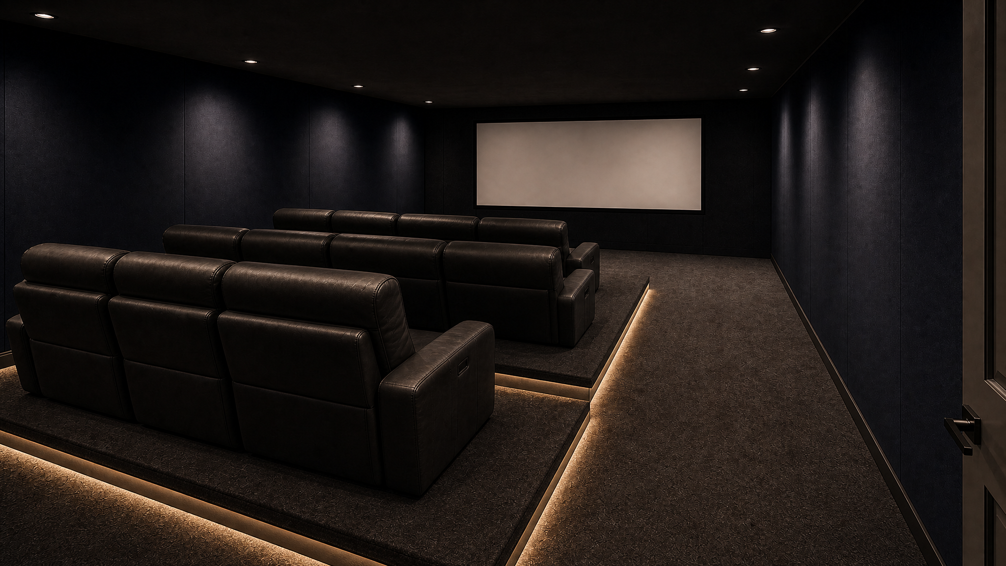Rendering of the 27 foot by 20 foot theater concept with three rows and stepped risers.